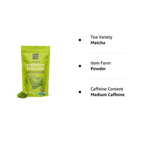 SEN CHA Naturals Organic Everyday Matcha Powder, Authentic Japanese Matcha Green Tea Powder, Premium First & Second Harvest Culinary Grade Organic Matcha Tea, Lattes & Baking, 12oz Bag (1 Pack)