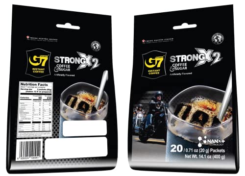 Trung Nguyen G7 Strong X2 Double Strength, 2 in 1 Instant Black Coffee and Sugar (20 Single Serve Packets)