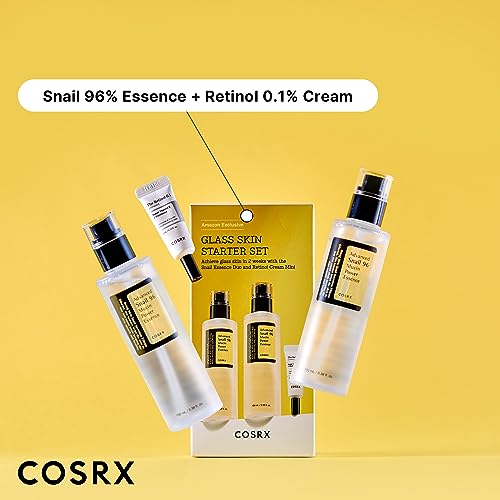 COSRX Glass Skin Korean Skincare Set- Advanced 96% Snail Mucin Serum (3.38fl oz * 2pcs) & Mini Sized 0.1% Retinol Cream for Face (0.1oz)- Korean Skin Care Gift Set, Anti Aging Set