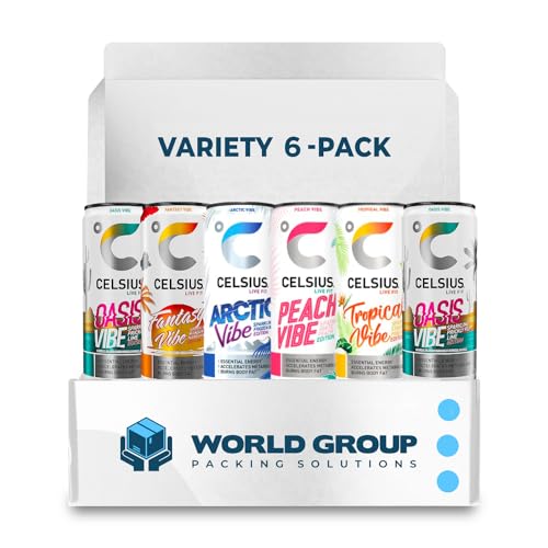 CELSIUS Sparkling Energy Drink - 12 fl oz (Pack of 6) - Variety Pack (Oasis Vibe, Fantasy Vibe, Peach Vibe, Arctic Vibe, Tropical Vibe) Available Kind, Functional Essential Energy Drinks, Zero Sugar - By World Group Packing Solutions