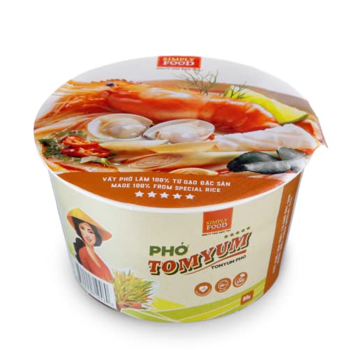 SIMPLY FOOD Instant Thai Flavored Tom Yum Pho Noodles (Phở Tom Yum) - 9 BOWLS/ 80g each