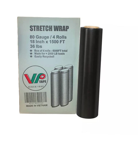VPTAPE 18" x 1500ft x 80 Gauge Black Pallet Stretch Wrap Film [Pack of 4 Rolls, 1500' Per Roll, Total 6000']