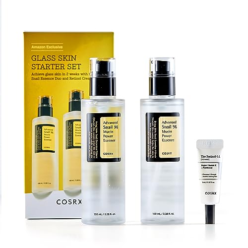 COSRX Glass Skin Korean Skincare Set- Advanced 96% Snail Mucin Serum (3.38fl oz * 2pcs) & Mini Sized 0.1% Retinol Cream for Face (0.1oz)- Korean Skin Care Gift Set, Anti Aging Set