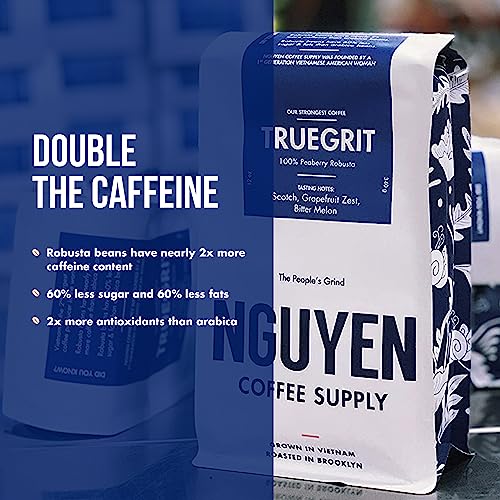 Nguyen Coffee Supply - Truegrit Robusta: Medium Roast Ground Coffee Beans, Vietnamese Grown and Direct Trade, Organic, Single Origin, Premium Ground, Low Acid with High Caffeine Content, Roasted in Brooklyn [12 oz Bag]