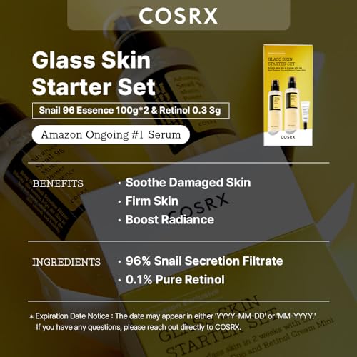 COSRX Glass Skin Korean Skincare Set- Advanced 96% Snail Mucin Serum (3.38fl oz * 2pcs) & Mini Sized 0.1% Retinol Cream for Face (0.1oz)- Korean Skin Care Gift Set, Anti Aging Set