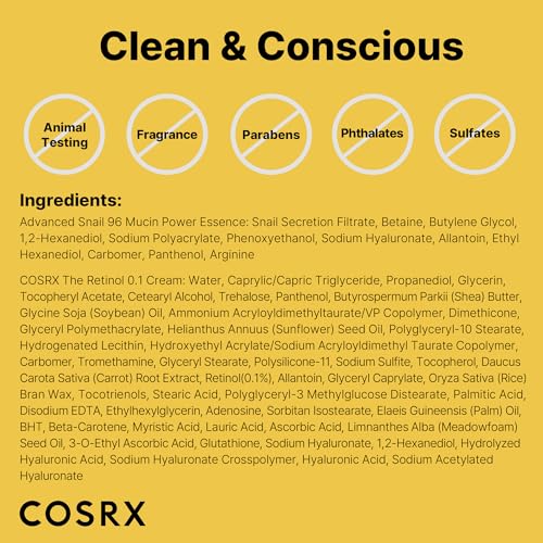 COSRX Glass Skin Korean Skincare Set- Advanced 96% Snail Mucin Serum (3.38fl oz * 2pcs) & Mini Sized 0.1% Retinol Cream for Face (0.1oz)- Korean Skin Care Gift Set, Anti Aging Set