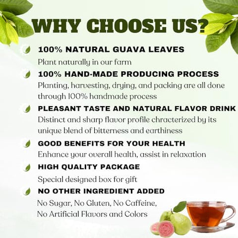 100 Natural Guava Leaves Tea Bags - Hojas de Guayaba Tea Bag, Dried Guava Leaves Tea, Guayaba Leaves Guava Tea, Pleasant Taste, Caffeine Free, No Sugar Guava Tea Bag, Dried Guava Leaf Tea Bag