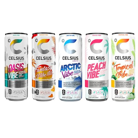 CELSIUS Sparkling Energy Drink - 12 fl oz (Pack of 6) - Variety Pack (Oasis Vibe, Fantasy Vibe, Peach Vibe, Arctic Vibe, Tropical Vibe) Available Kind, Functional Essential Energy Drinks, Zero Sugar - By World Group Packing Solutions