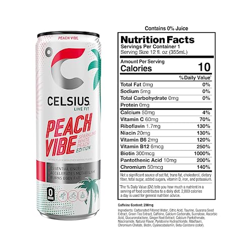 CELSIUS Sparkling Energy Drink - 12 fl oz (Pack of 6) - Variety Pack (Oasis Vibe, Fantasy Vibe, Peach Vibe, Arctic Vibe, Tropical Vibe) Available Kind, Functional Essential Energy Drinks, Zero Sugar - By World Group Packing Solutions