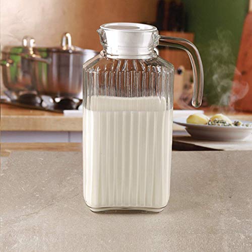 Glass Ware Ribbed Pitcher With Lid And Handle, Up To 60oz 1.8 L. (Lid is White)