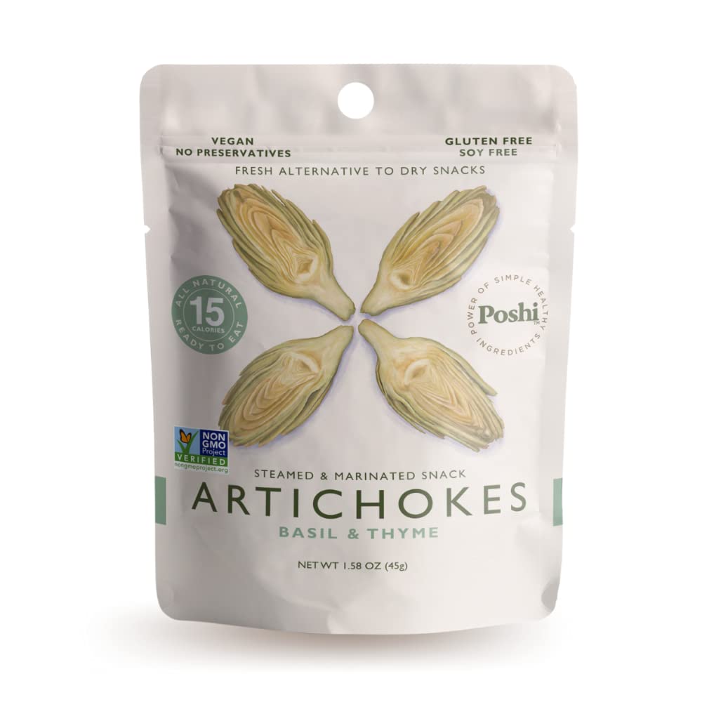 POSHI Marinated Artichoke Hearts Snack Pack | Basil + Thyme | (10 Pack, 1.58 oz)