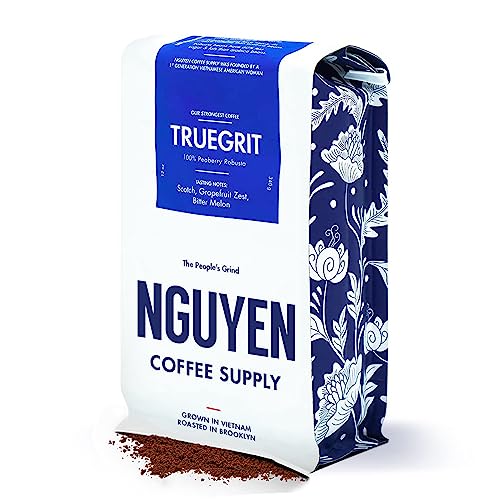 Nguyen Coffee Supply - Truegrit Robusta: Medium Roast Ground Coffee Beans, Vietnamese Grown and Direct Trade, Organic, Single Origin, Premium Ground, Low Acid with High Caffeine Content, Roasted in Brooklyn [12 oz Bag]