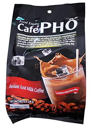 Cafe Pho Vietnamese 3in1 Instant Coffee Mix, Iced Milk Coffee, Cafe Sua Da, Single Serve Coffee Packets, Bag of 18 Sachets, Pack of 1-15 Months Shelf Life