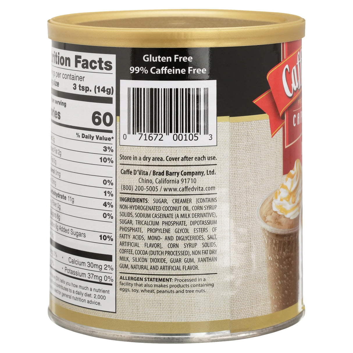 Caffe D'Vita Premium Instant Mocha Cappuccino, 16 oz Canister, 60 Calories