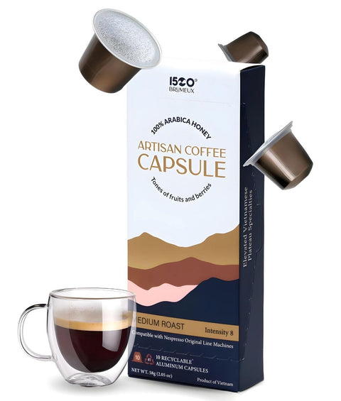 Premium Coffee Capsules - 100% Compatible with Nespresso Original Machines, 1500 BRUMEUX Organic Honey Arabica Coffee, Medium Roast 8, 10 Recyclable Aluminum Pods, Vietnamese Specialties