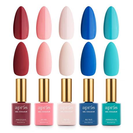 Apres Gel Couleur Combo Set, 5 Color Gel Nail Polish, Bright Nude Pastel Colors with Brush-X Nail Art Brush, 2024 Edition (Set 3)