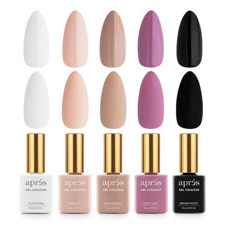 Apres Gel Couleur Combo Set, 5 Color Gel Nail Polish, Bright Nude Pastel Colors with Brush-X Nail Art Brush, 2024 Edition (Set 3)