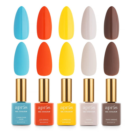 Apres Gel Couleur Combo Set, 5 Color Gel Nail Polish, Bright Nude Pastel Colors with Brush-X Nail Art Brush, 2024 Edition (Set 3)