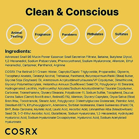 COSRX Glass Skin Korean Skincare Set- Advanced 96% Snail Mucin Serum (3.38fl oz * 2pcs) & Mini Sized 0.1% Retinol Cream for Face (0.1oz)- Korean Skin Care Gift Set, Anti Aging Set