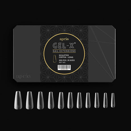 Aprés Gel-X® Sculpted Coffin Long Tip Box | 500pc Gel-X Tips, 11 Sizes 00-9, Premium Quality