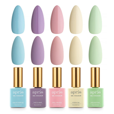 Apres Gel Couleur Combo Set, 5 Color Gel Nail Polish, Bright Nude Pastel Colors with Brush-X Nail Art Brush, 2024 Edition (Set 3)