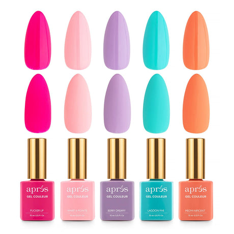 Apres Gel Couleur Combo Set, 5 Color Gel Nail Polish, Bright Nude Pastel Colors with Brush-X Nail Art Brush, 2024 Edition (Set 3)