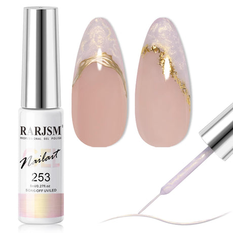 RARJSM Pearl Gold Gel Liner Nail Art Pearlescent Milky Light Purple White Golden Shell Glitter Swirl Effect Gel Nail Polish 8ml Build in Thin Brush Painted Drawing Striper Gel Polish Curing Requires