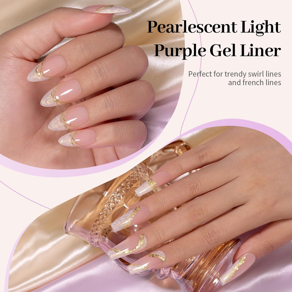 RARJSM Pearl Gold Gel Liner Nail Art Pearlescent Milky Light Purple White Golden Shell Glitter Swirl Effect Gel Nail Polish 8ml Build in Thin Brush Painted Drawing Striper Gel Polish Curing Requires