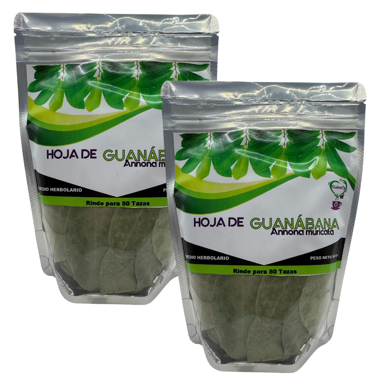 Soursop Tea, Quiere Te, 3.5 oz (100 grams), 2 Pack, Up to 132 cups, Loose Leaf Tea, Resealable bag, Guanabana Tea, Soursop Leaves, Product from México, 100% Natural,Guanabana Leaves, Combo 2 Bags