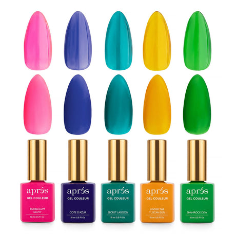 Apres Gel Couleur Combo Set, 5 Color Gel Nail Polish, Bright Nude Pastel Colors with Brush-X Nail Art Brush, 2024 Edition (Set 3)