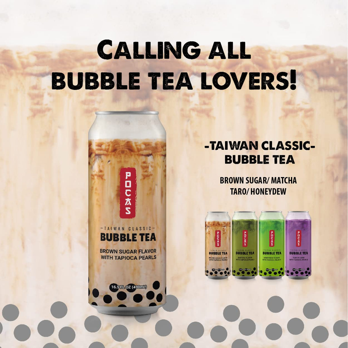 Pocas Bubble Tea with Tapioca Pearls, Brown Sugar (Pack of 8, 16.5 oz), Asian Drinks, Refreshing Milk Tea with Boba Pearls