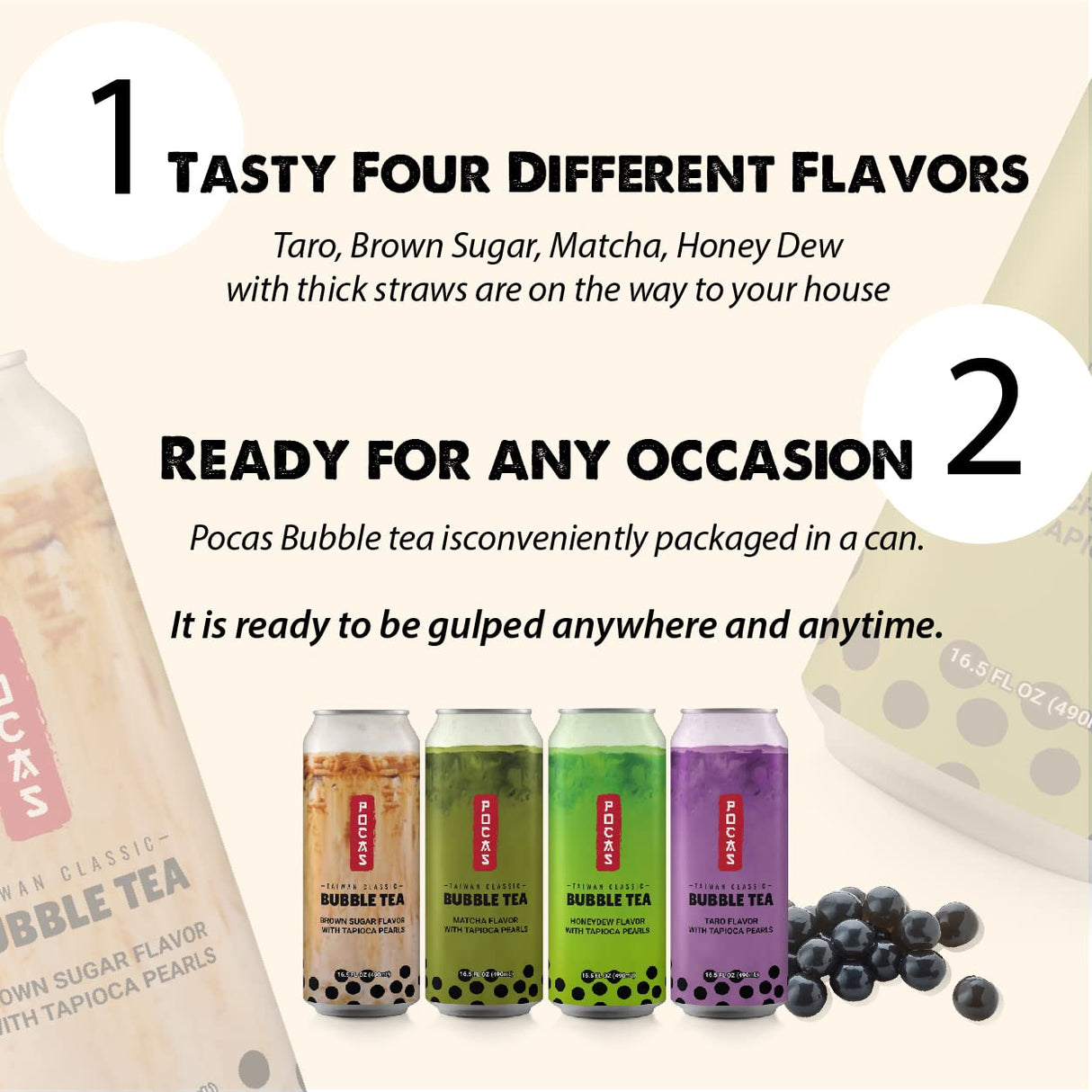 Pocas Bubble Tea with Tapioca Pearls, Brown Sugar (Pack of 8, 16.5 oz), Asian Drinks, Refreshing Milk Tea with Boba Pearls