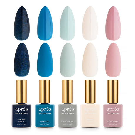 Apres Gel Couleur Combo Set, 5 Color Gel Nail Polish, Bright Nude Pastel Colors with Brush-X Nail Art Brush, 2024 Edition (Set 3)