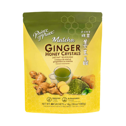 Prince of Peace Instant Ginger Honey Crystals with Matcha, 60 Sachets – Instant Hot or Cold Beverage that Soothes Throat – Easy to Brew – Drink Like a Tea – Gluten Free – Real Ginger
