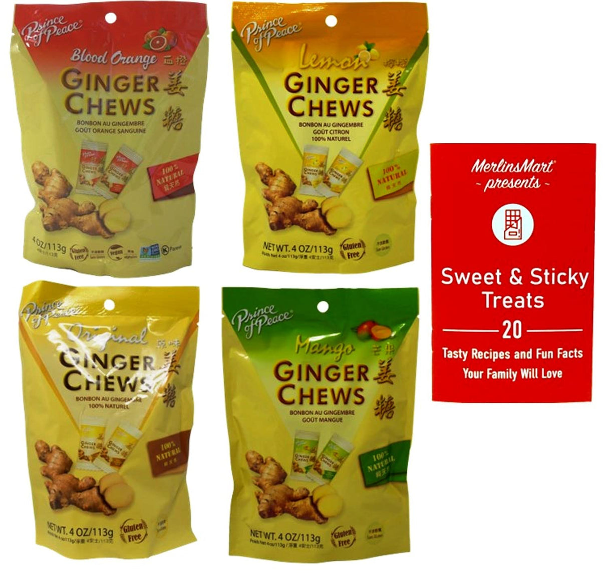 Prince of Peace Natural Ginger Chews 4 Flavor Variety - (1) each: Original, Lemon, Blood Orange, Mango (4 Ounces) - Plus Recipe Booklet Bundle