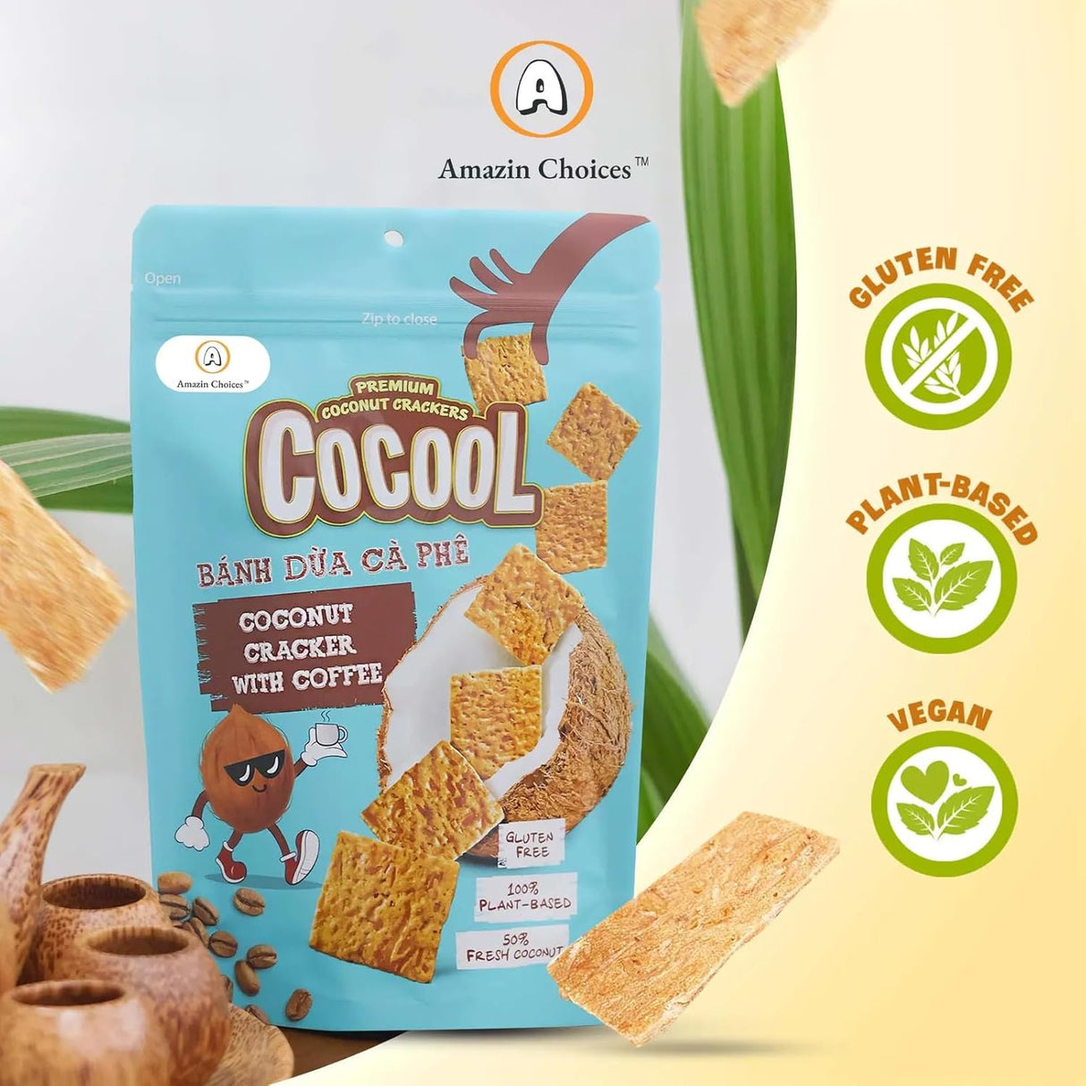 AMAZIN CHOICES Coconut Cracker With Coffee - Gluten-Free, Vegan Friendly, No Preservatives, Non GMO Coconut Crackers, Snack Viet - 2.82oz