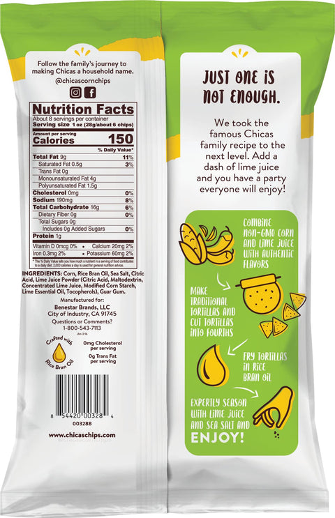 Chicas Tortilla Chips, White Corn Tortilla Chips Lime, Gluten Free, Vegan, Non-GMO, For Dips, Spreads & More, 7.5 Ounce Bag (Pack of 1)