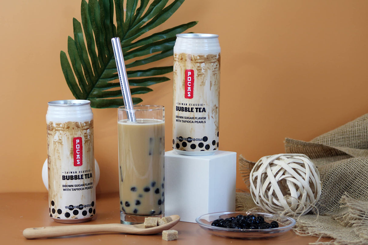 Pocas Bubble Tea with Tapioca Pearls, Brown Sugar (Pack of 8, 16.5 oz), Asian Drinks, Refreshing Milk Tea with Boba Pearls