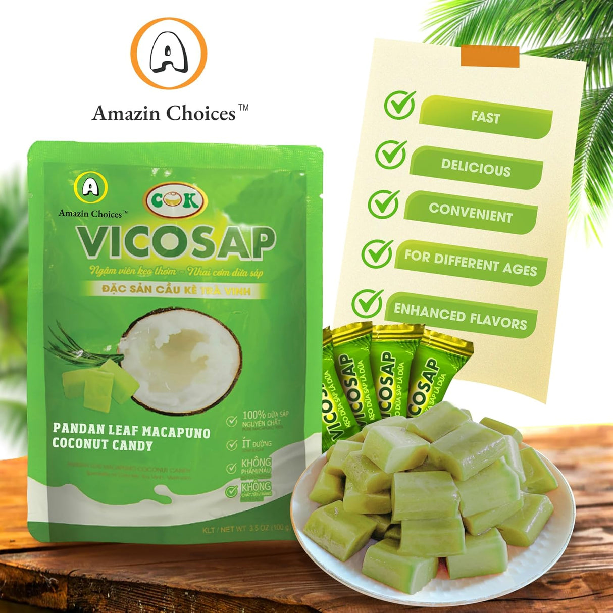 Amazin Choices Coconut Candy Snacks. Pandan Leaf Macapuno Coconut Candy. Vegan Candy and Low Sugar Snacks. Chewy Coconut Snacks - Snack Viet - Fruit Snack - Pack of One (3.5Oz)