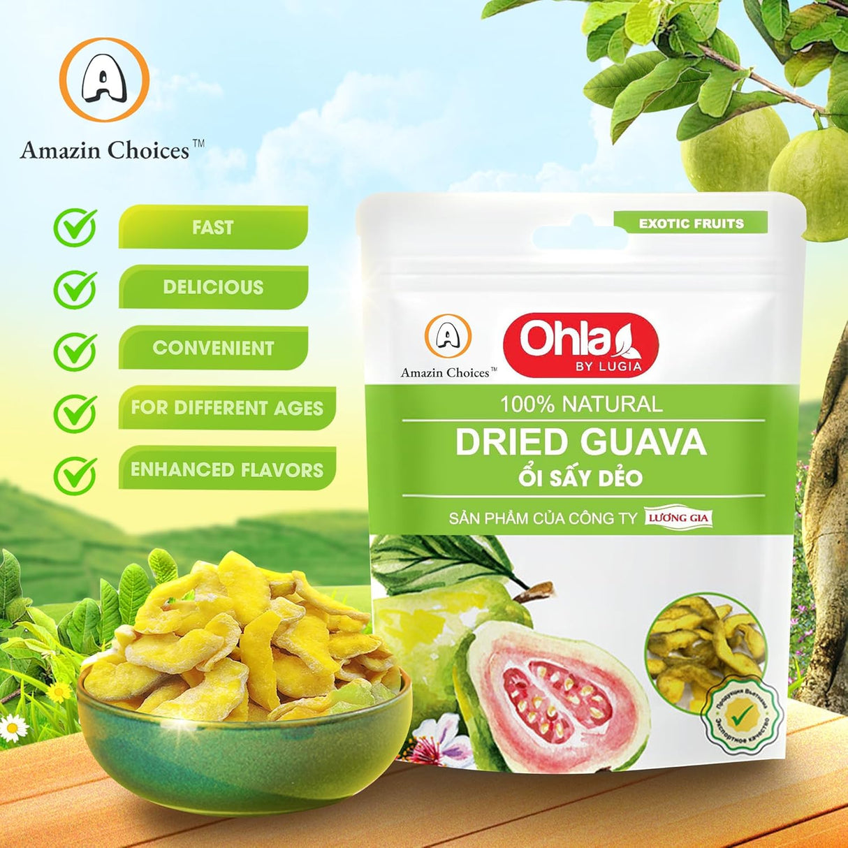 Amazin Choices Dried Guava - Gluten-Free, Vegan Snack - Non-GMO, Exotic Vietnamese Guava Slices, Snack Viet (17.63 Oz)