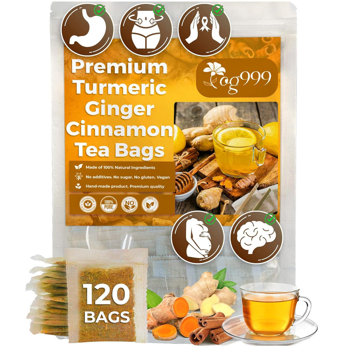 120 Bags Premium Turmeric Ginger Cinnamon Tea, Improve Digestion, Support Brain, Weight, Skin and Sleep, Eco-Conscious Tea Bags and Premium Natural Ingredients. Turmeric Ginger Herbal Tea. No Sugar, No Caffeine, No Gluten, Vegan.