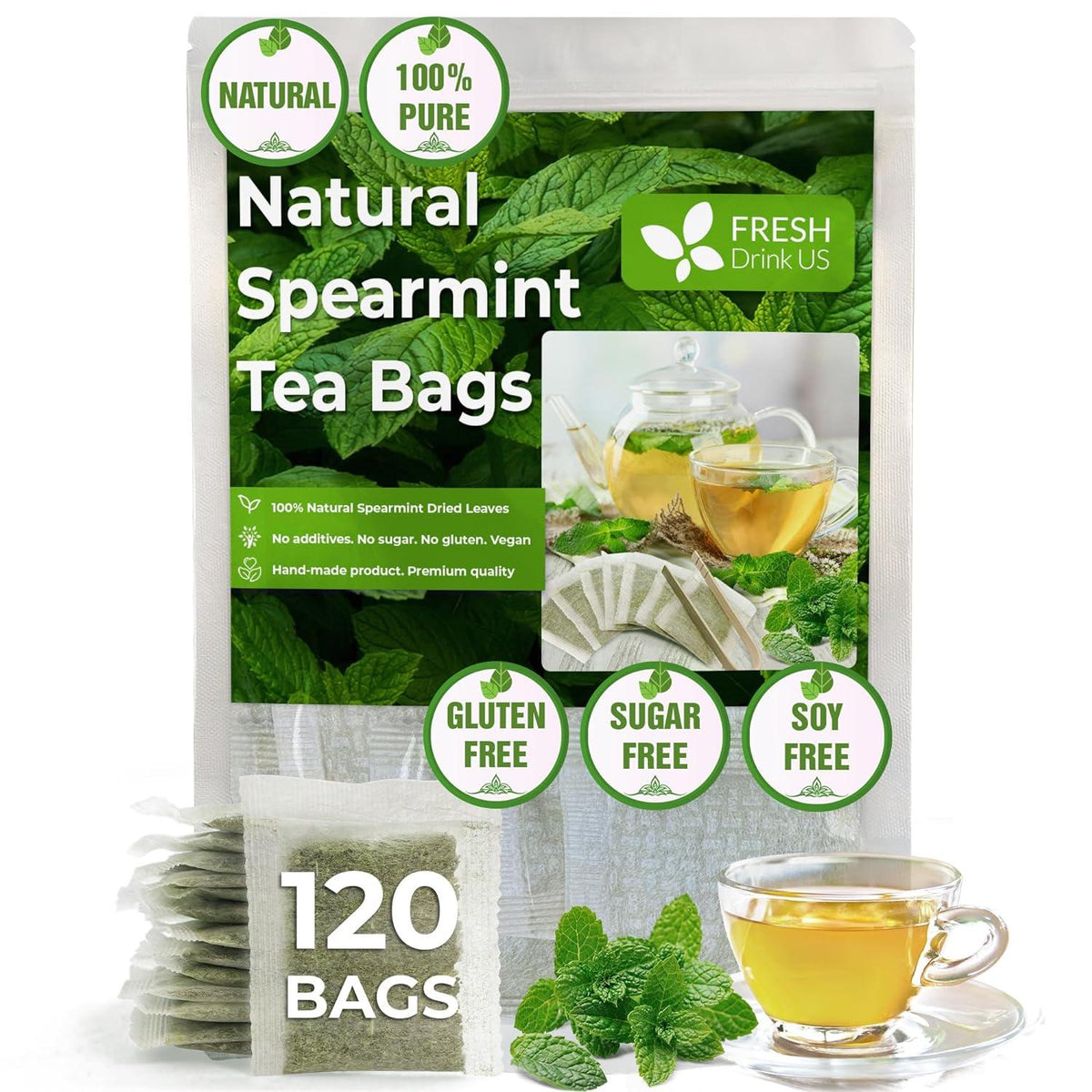 Spearmint Tea Bags, 100% Natural & Pure Spearmint Leaves. Loose Leaf ...