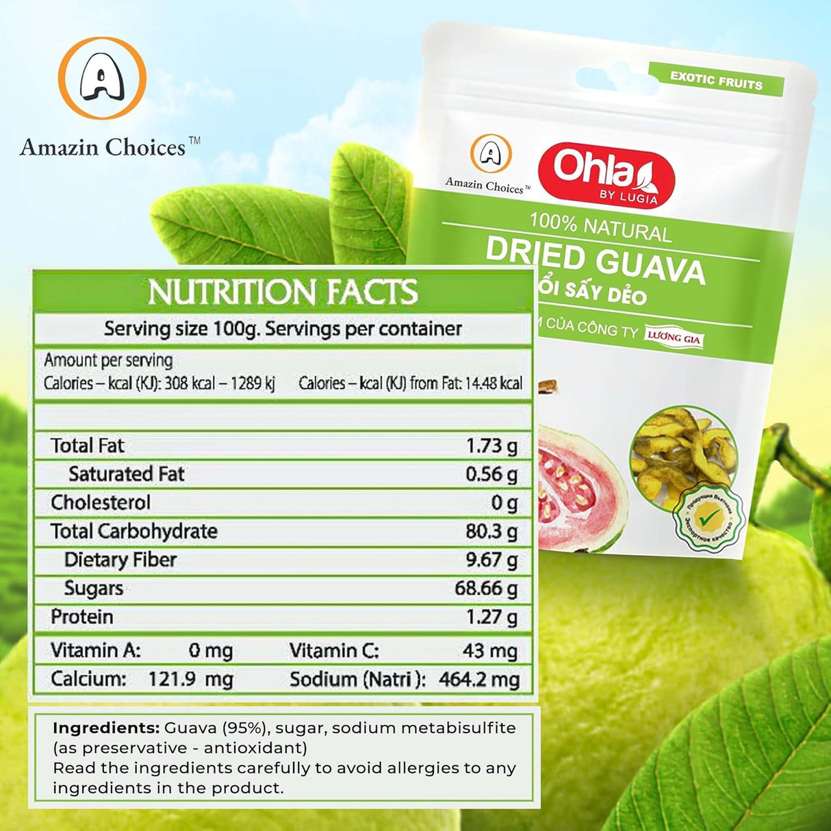 Amazin Choices Dried Guava - Gluten-Free, Vegan Snack - Non-GMO, Exotic Vietnamese Guava Slices, Snack Viet (17.63 Oz)