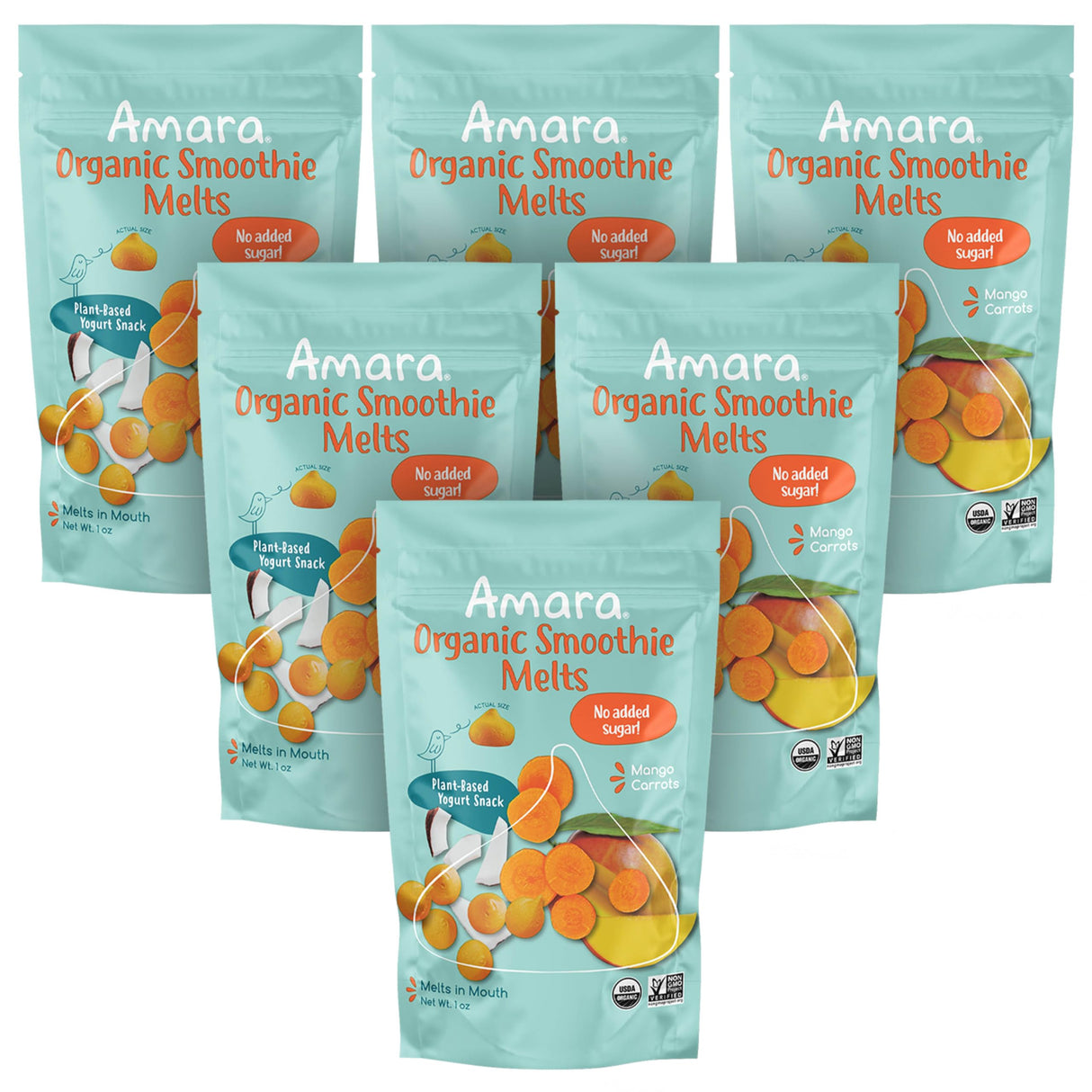 Amara Smoothie Melts - Mango Carrot - Baby Snacks Made With Fruits and Vegetables - Healthy Toddler Snacks For Your Kids Lunch Box - Organic Plant Based Yogurt Melts - 6 Resealable Bags