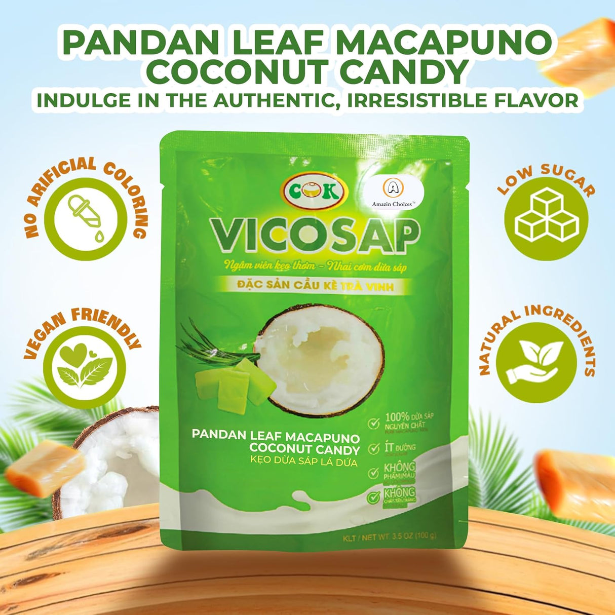 Amazin Choices Coconut Candy Snacks. Pandan Leaf Macapuno Coconut Candy. Vegan Candy and Low Sugar Snacks. Chewy Coconut Snacks - Snack Viet - Fruit Snack - Pack of One (3.5Oz)