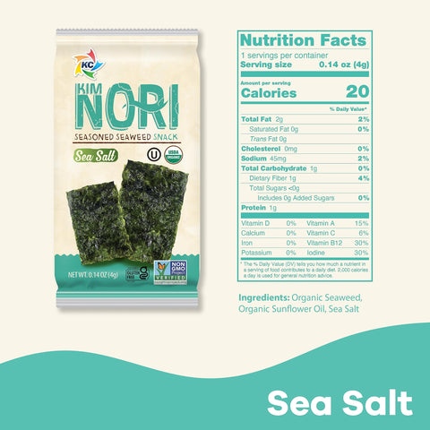 KIMNORI Seasoned Seaweed Snacks Sheets – Organic Sea Salt Flavor 24 Individual Packs Roasted Crispy Premium 100% Natural Laver Kim Nori 4g 0.14 Ounce 김 のり 海苔 紫菜