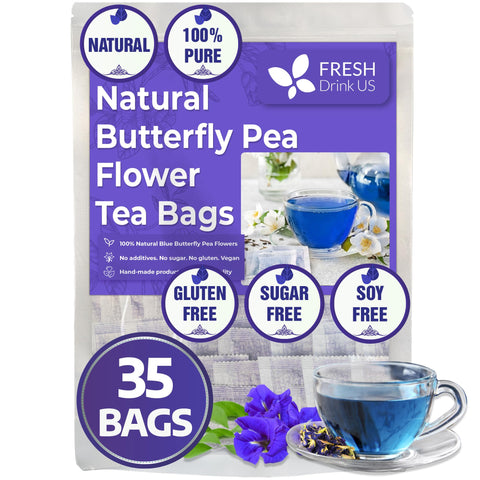 35 Premium Butterfly Pea Tea Bags, 100% Natural and Pure from Butterfly Pea Flowers, Hand-made, Made With Natural Materials-Corn Fiber Tea Bag, Sugar/Caffeine/Gluten Free, Vegan