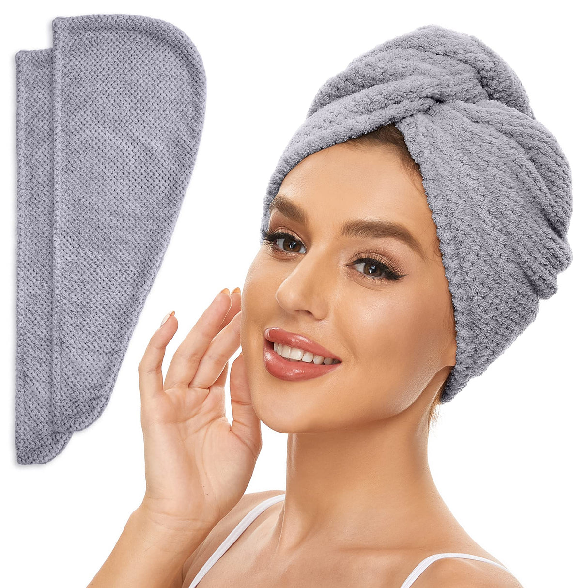 2 Pack Microfiber Hair Towel Wrap for Women, Anti Frizz Quick Drying Hair Turban for All Hair Style, Absorbent and Lightweight (Beige + Grey)