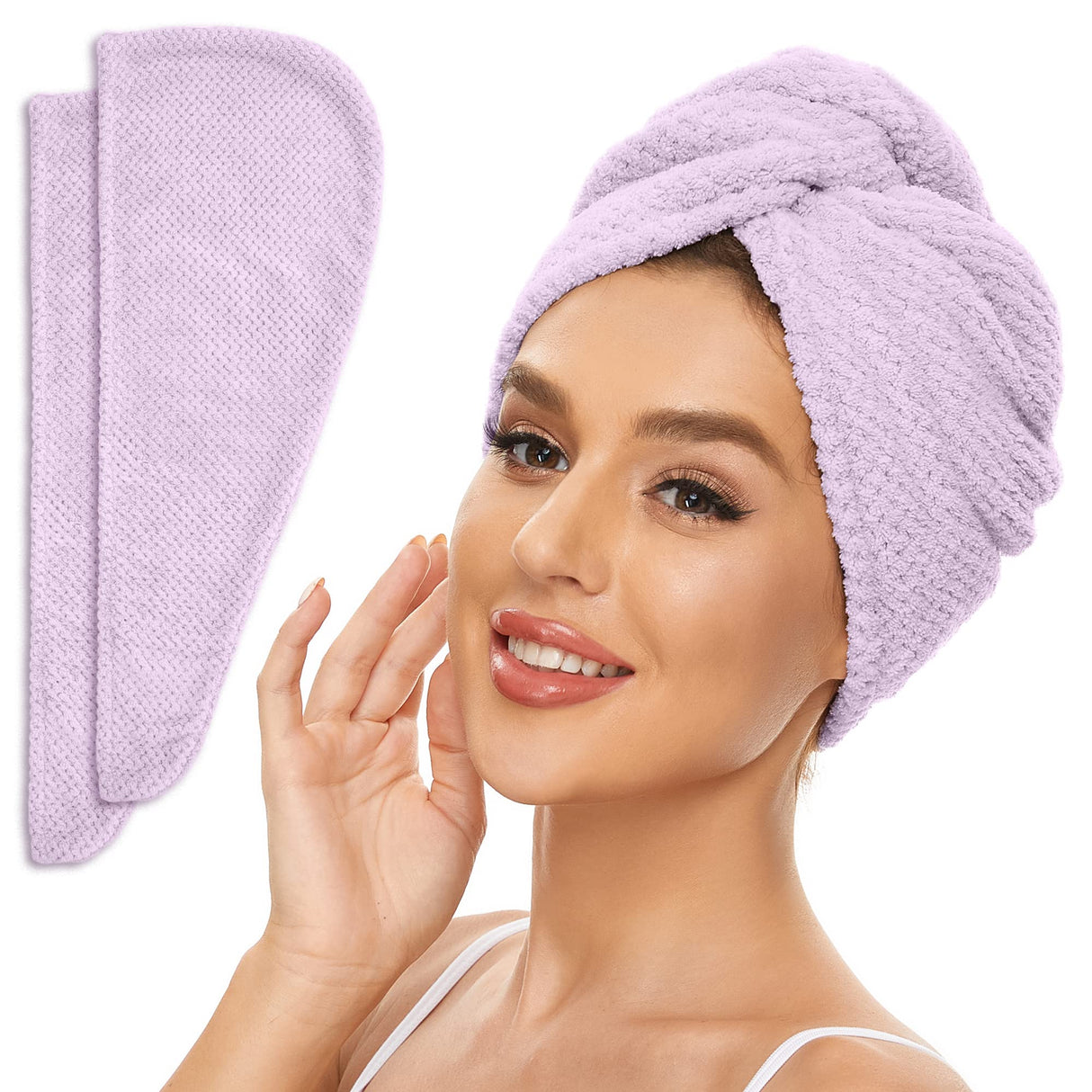 2 Pack Microfiber Hair Towel Wrap for Women, Anti Frizz Quick Drying Hair Turban for All Hair Style, Absorbent and Lightweight (Beige + Grey)