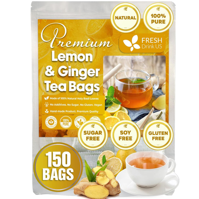 Premium Lemon Ginger Tea Bag, Eco-conscious Tea Bags. Lemon Ginger Herbal Tea. No Sugar, No Caffeine, No Gluten, Vegan.